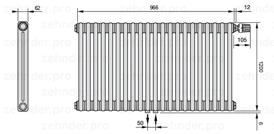 Схема (чертеж) Радиатор Zehnder Charleston 2120/21 №V008 Белый глянцевый RAL 9016